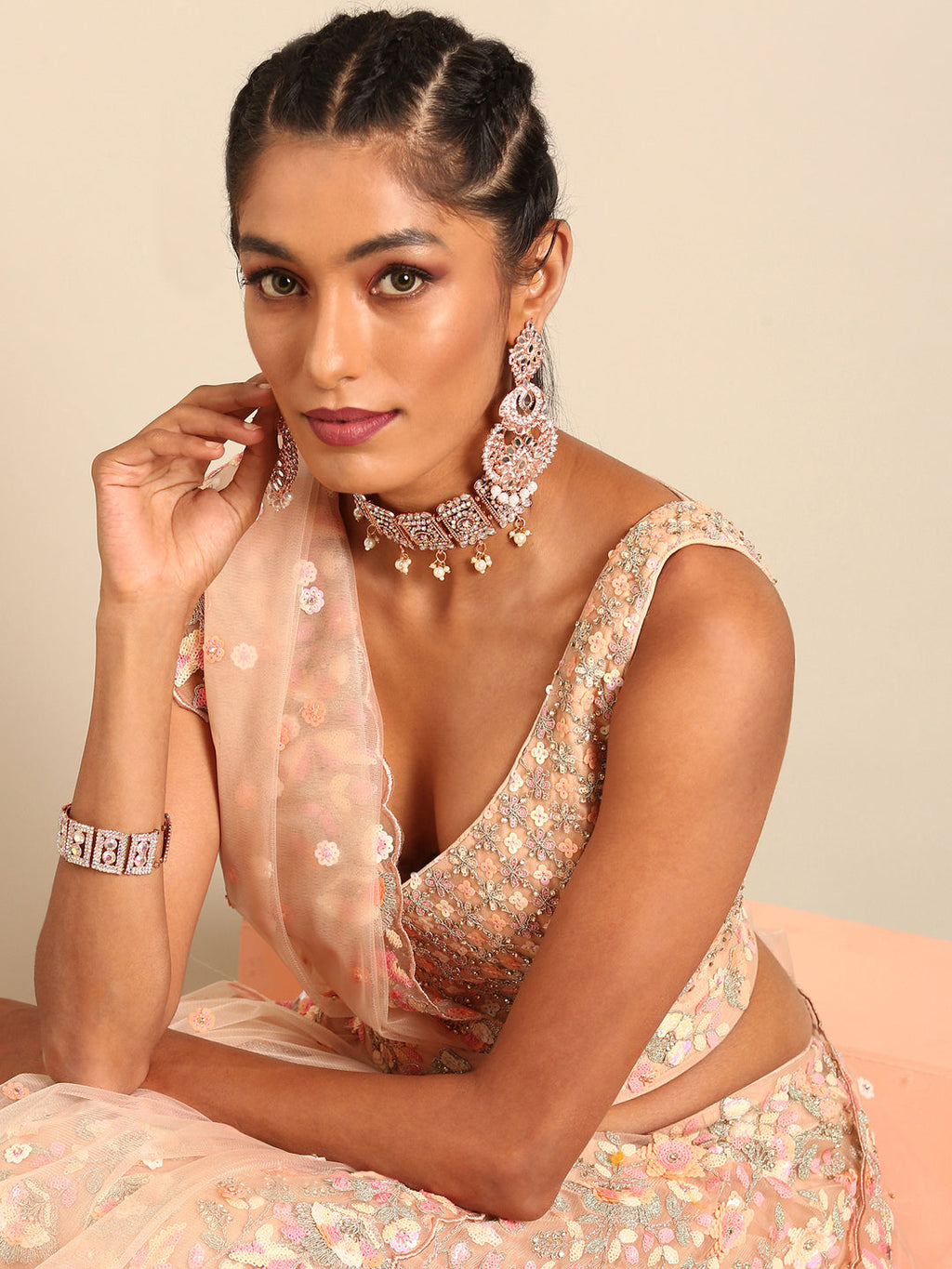 House of Panchhi Peach Net Multi Sequins with heavy Zarkan embroidery Lehenga choli & Dupatta