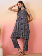 InWeave Navy Maroon Ajrakh Foil Round Neck Kurta Pant Set