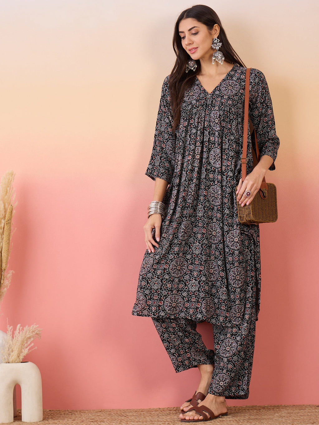 InWeave Black Maroon Ajrakh Foil V Neck Flared Kurta Pant Set