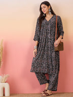 InWeave Black Maroon Ajrakh Foil V Neck Flared Kurta Pant Set