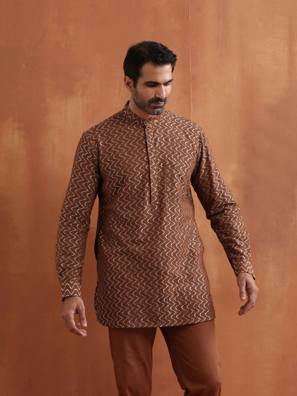 trueBrowns Men's Brown Cotton Dobby Short Kurta