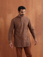 trueBrowns Men's Brown Cotton Dobby Short Kurta