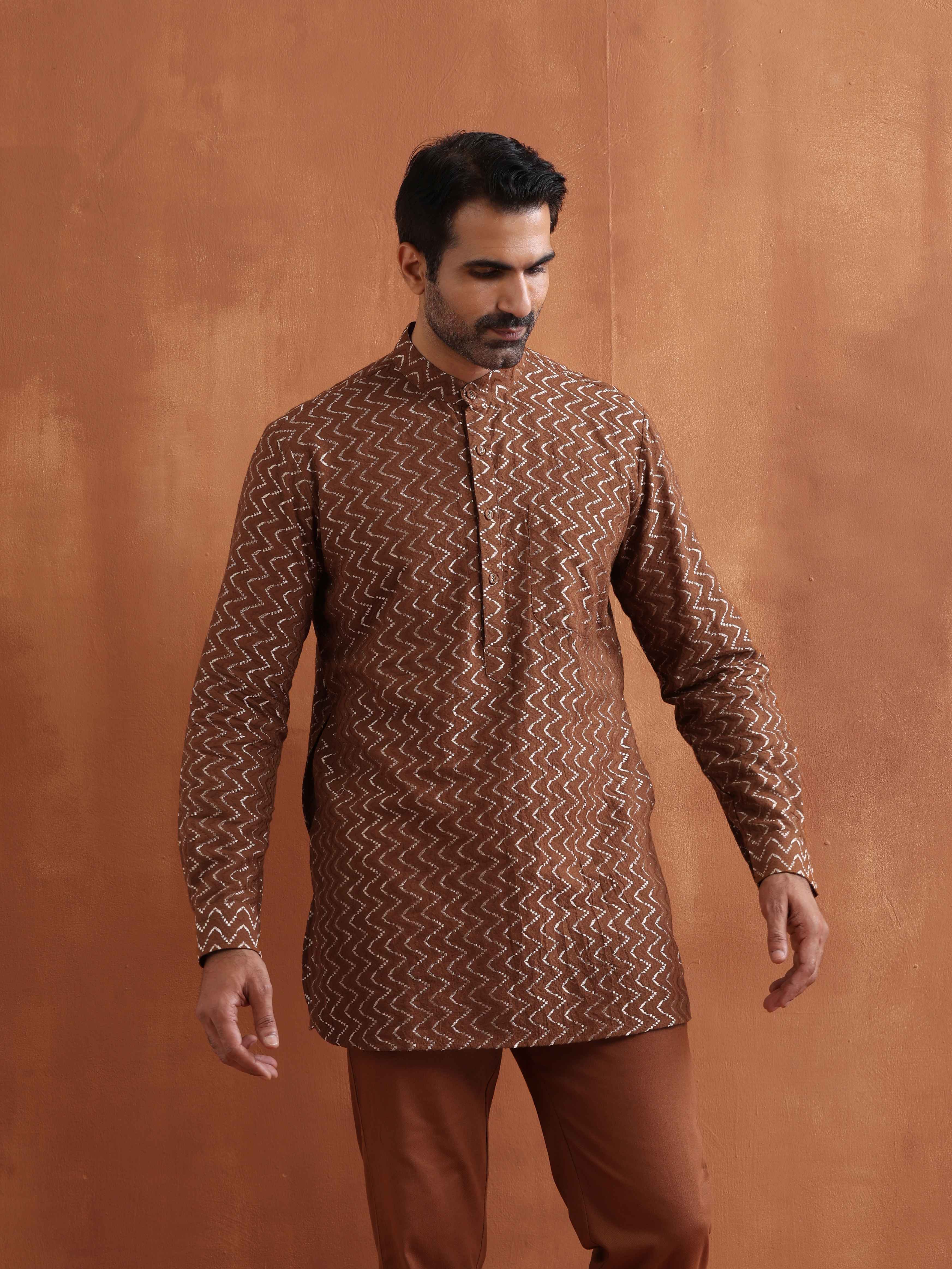 trueBrowns Men's Brown Cotton Dobby Short Kurta