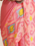 trueBrowns Pink Lime Muslin Ikat Saree
