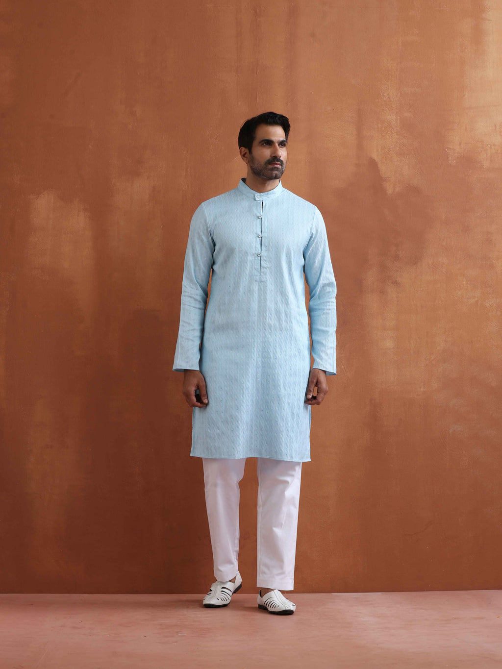 trueBrowns Men's Blue Sequin Chanderi Kurta