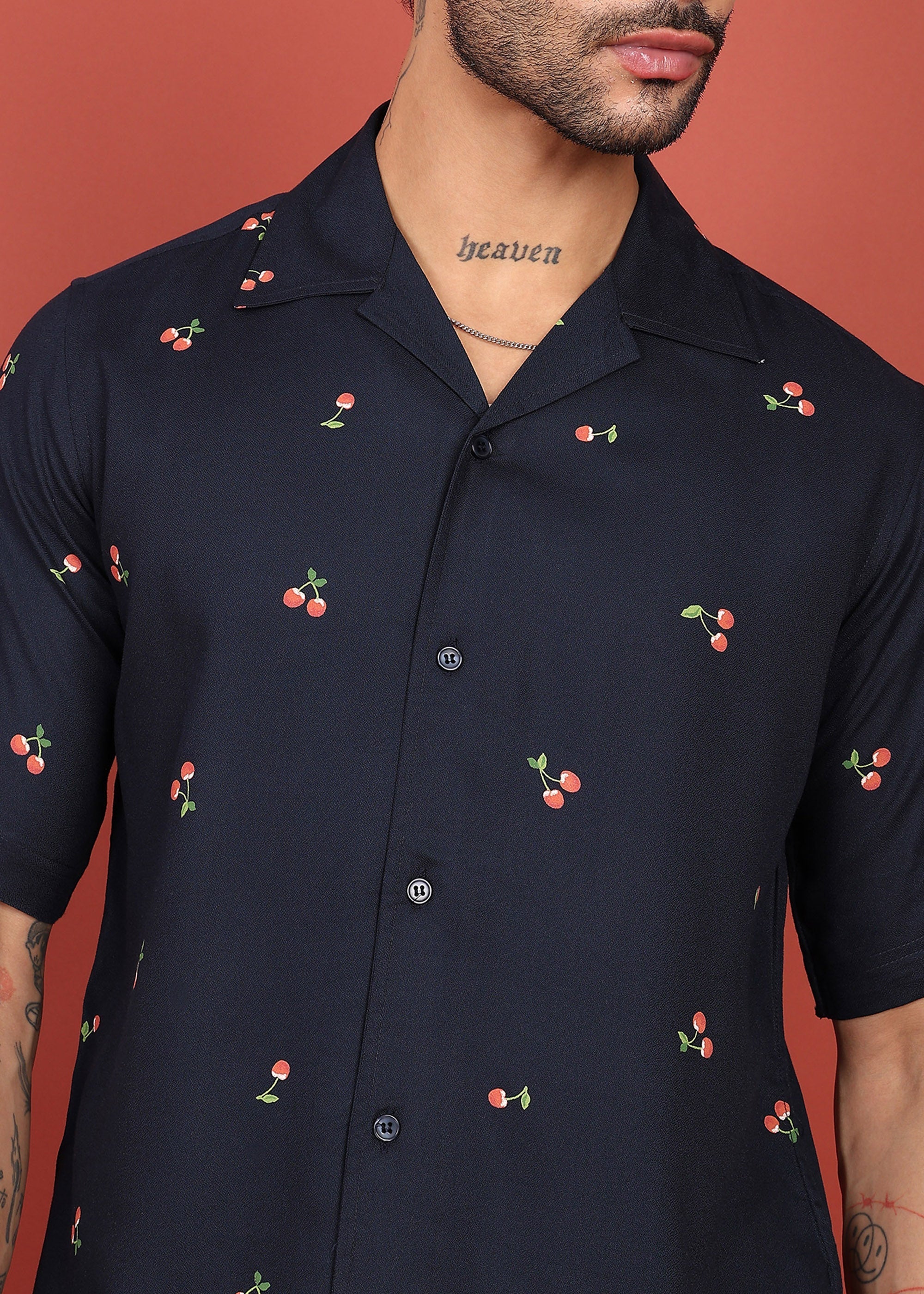 Fabmade Midnight Cherry Printed Cuban Collar Shirt