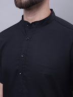 Even Apparels Black Pure Cotton Short Sleeves Kurta With Band Collar