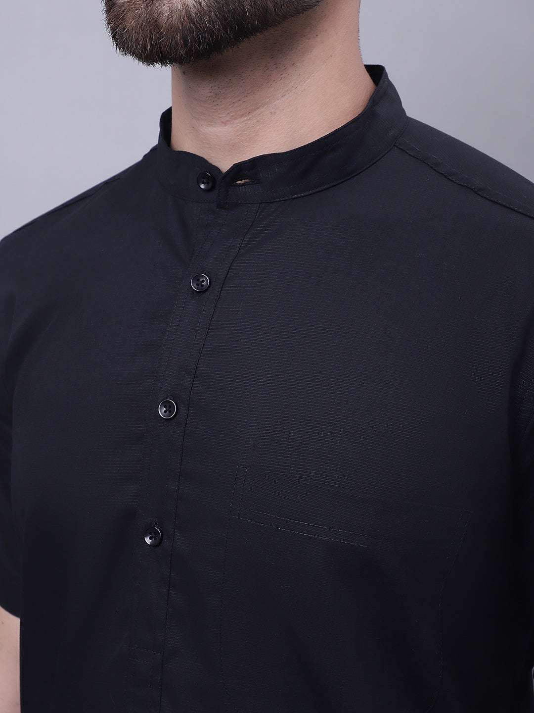 Even Apparels Black Pure Cotton Short Sleeves Kurta With Band Collar