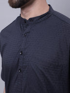 Even Apparels Black Pure Cotton Short Sleeves Kurta With Band Collar