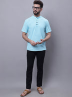 Even Apparels Blue Pure Cotton Short Kurta With Band Collar - Distacart