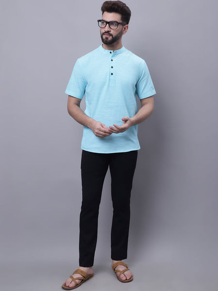 Even Apparels Blue Pure Cotton Short Kurta With Band Collar