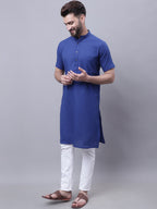 Even Apparels Blue Pure Cotton Short Sleeves Kurta With Band Collar - Distacart