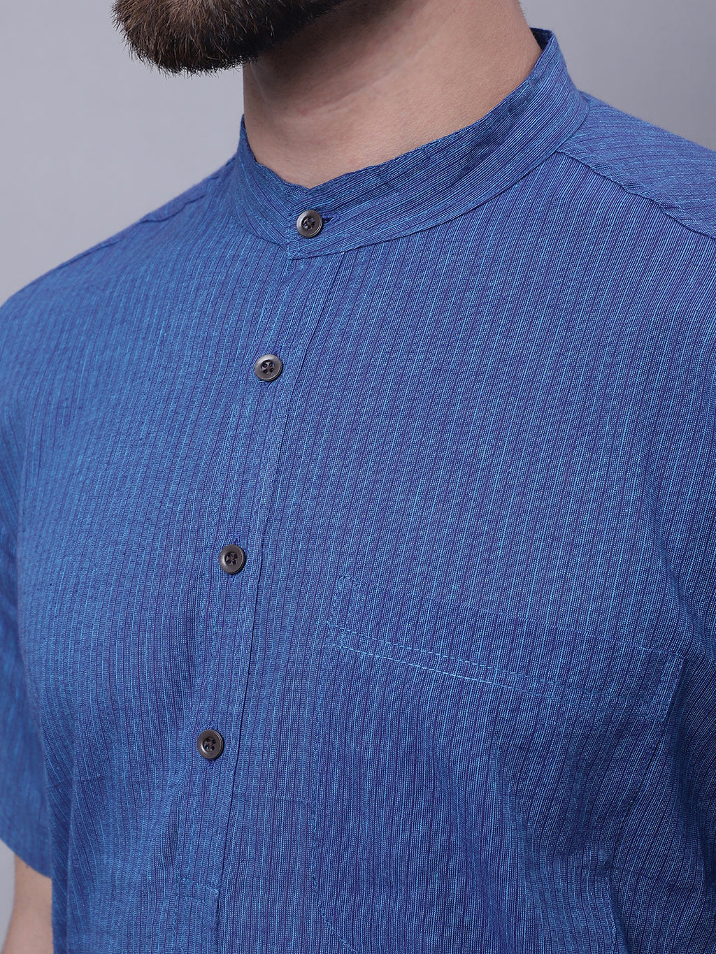 Even Apparels Blue Pure Cotton Short Sleeves Kurta With Band Collar - Distacart