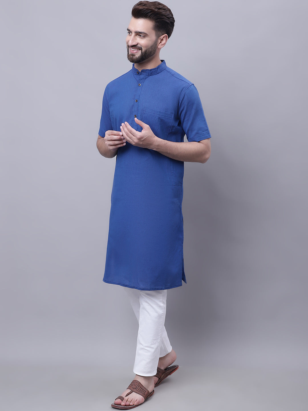 Even Apparels Blue Pure Cotton Short Sleeves Kurta With Band Collar - Distacart