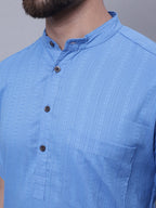 Even Apparels Blue Pure Cotton Short Sleeves Kurta With Band Collar - Distacart