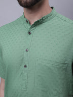 Even Apparels Green Pure Cotton Short Sleeves Kurta With Band Collar - Distacart