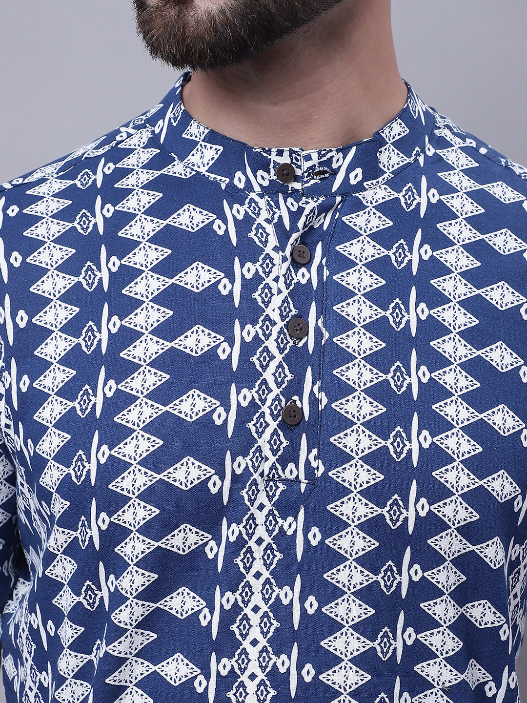 Even Apparels Blue Pure Cotton Short Kurta With Band Collar - Distacart