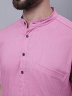 Even Apparels Pink Pure Cotton Short Sleeves Kurta With Band Collar - Distacart