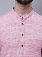Even Apparels Pink Pure Cotton Short Sleeves Kurta With Band Collar - Distacart