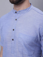 Even Apparels Blue Pure Cotton Short Sleeves Kurta With Band Collar - Distacart