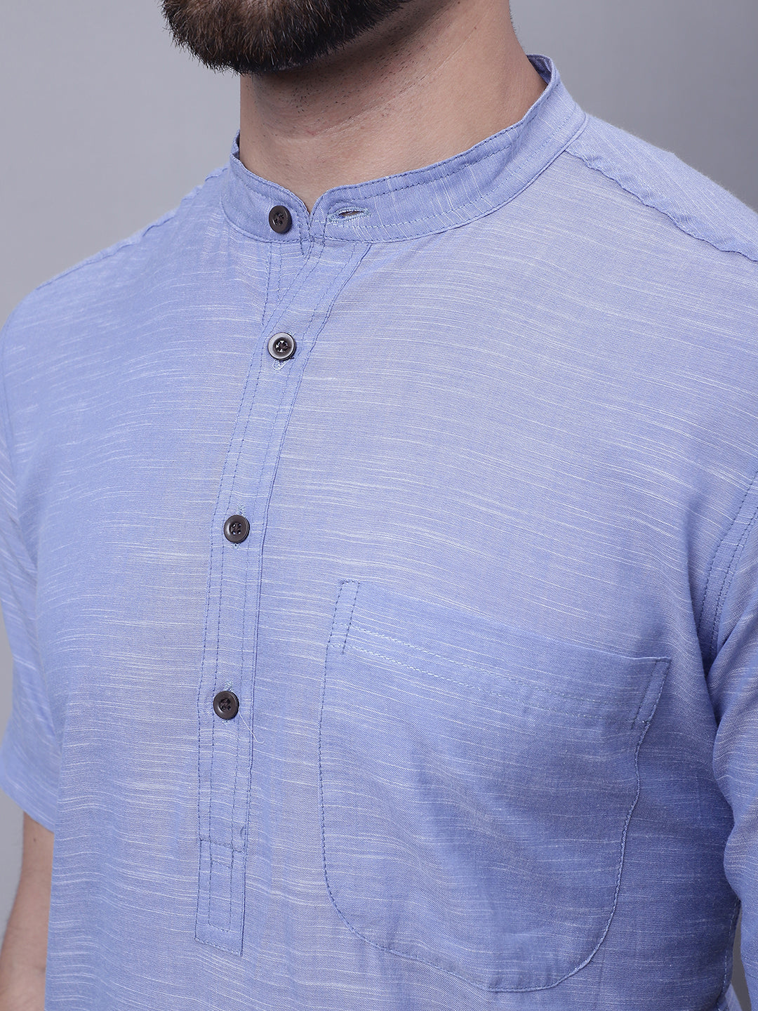 Even Apparels Blue Pure Cotton Short Sleeves Kurta With Band Collar - Distacart
