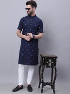 Even Apparels Blue Pure Cotton Short Sleeves Kurta With Band Collar - Distacart