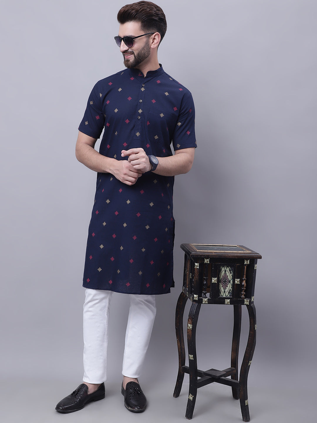 Even Apparels Blue Pure Cotton Short Sleeves Kurta With Band Collar - Distacart