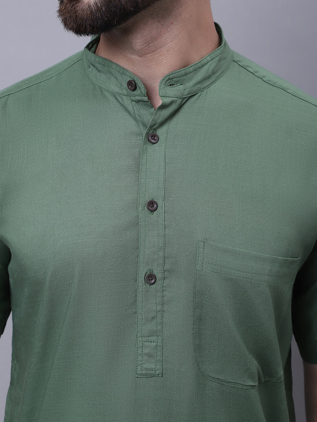 Even Apparels Green Pure Cotton Short Sleeves Kurta With Band Collar - Distacart