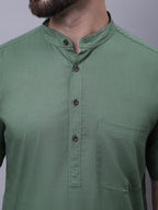 Even Apparels Green Pure Cotton Short Sleeves Kurta With Band Collar - Distacart
