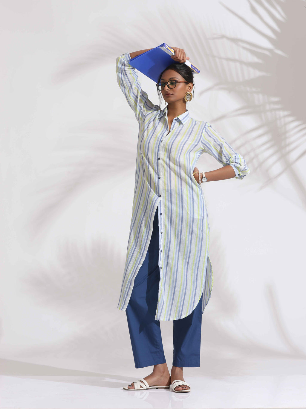 trueBrowns White Cotton Multi Stripe Shirt Kurta Set - Distacart
