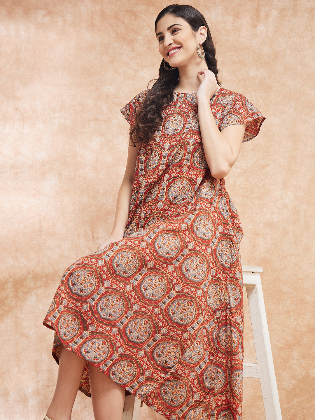 InWeave Women's Maroon Mughal Kalamkari A Line Dress - Distacart