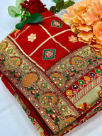 Lorenvalley Fashion Premium Red Vichitra Silk Embroidery and Diamond work Both Side Saree