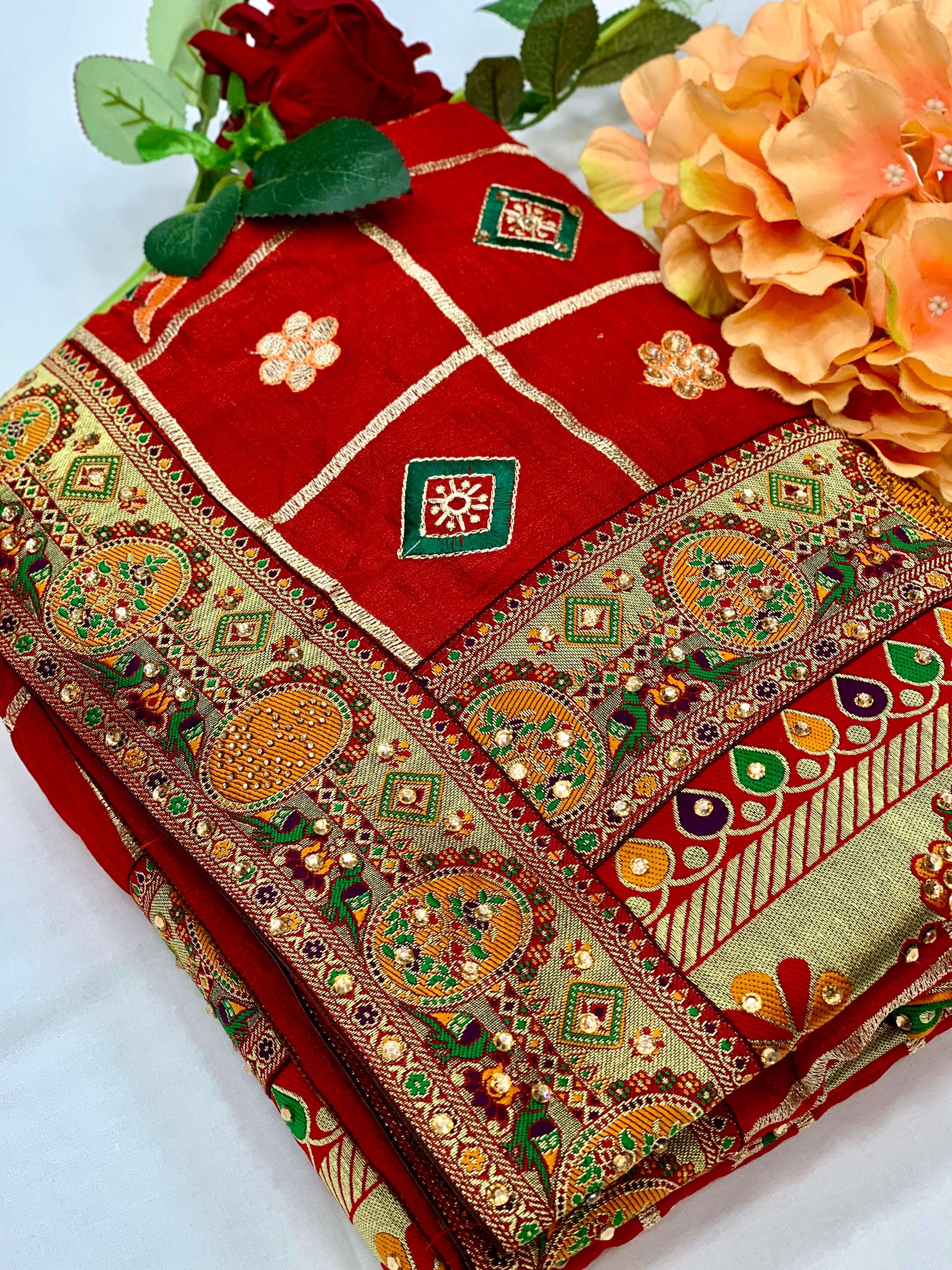 Lorenvalley Fashion Premium Red Vichitra Silk Embroidery and Diamond work Both Side Saree