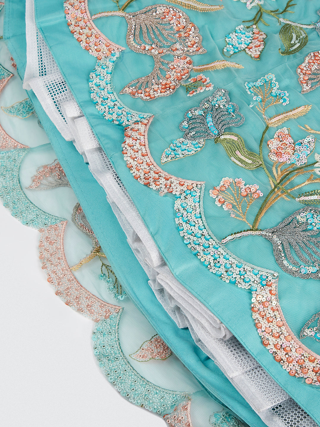 House of Panchhi Turquoise Blue Chiffon Sequins And Thread Embroidery Lehenga Choli & Printed Dupatta