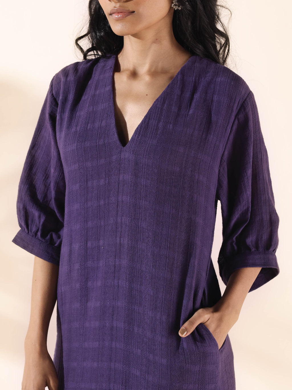 trueBrowns Purple Cotton Dobby Slit Dress - Distacart