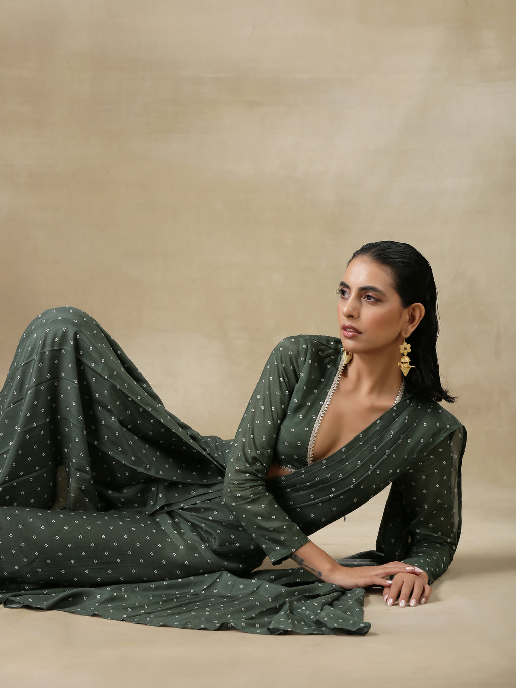 trueBrowns Dark Green Bandhani Printed Silk Palazzo Stitched Saree