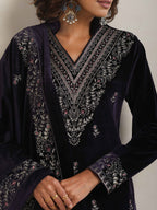 trueBrowns Purple Velvet Embroidered Kurta Pant Dupatta Set - Distacart