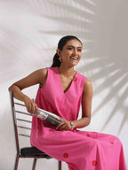 trueBrowns Pink Cotton Embroidered Flared Dress - Distacart