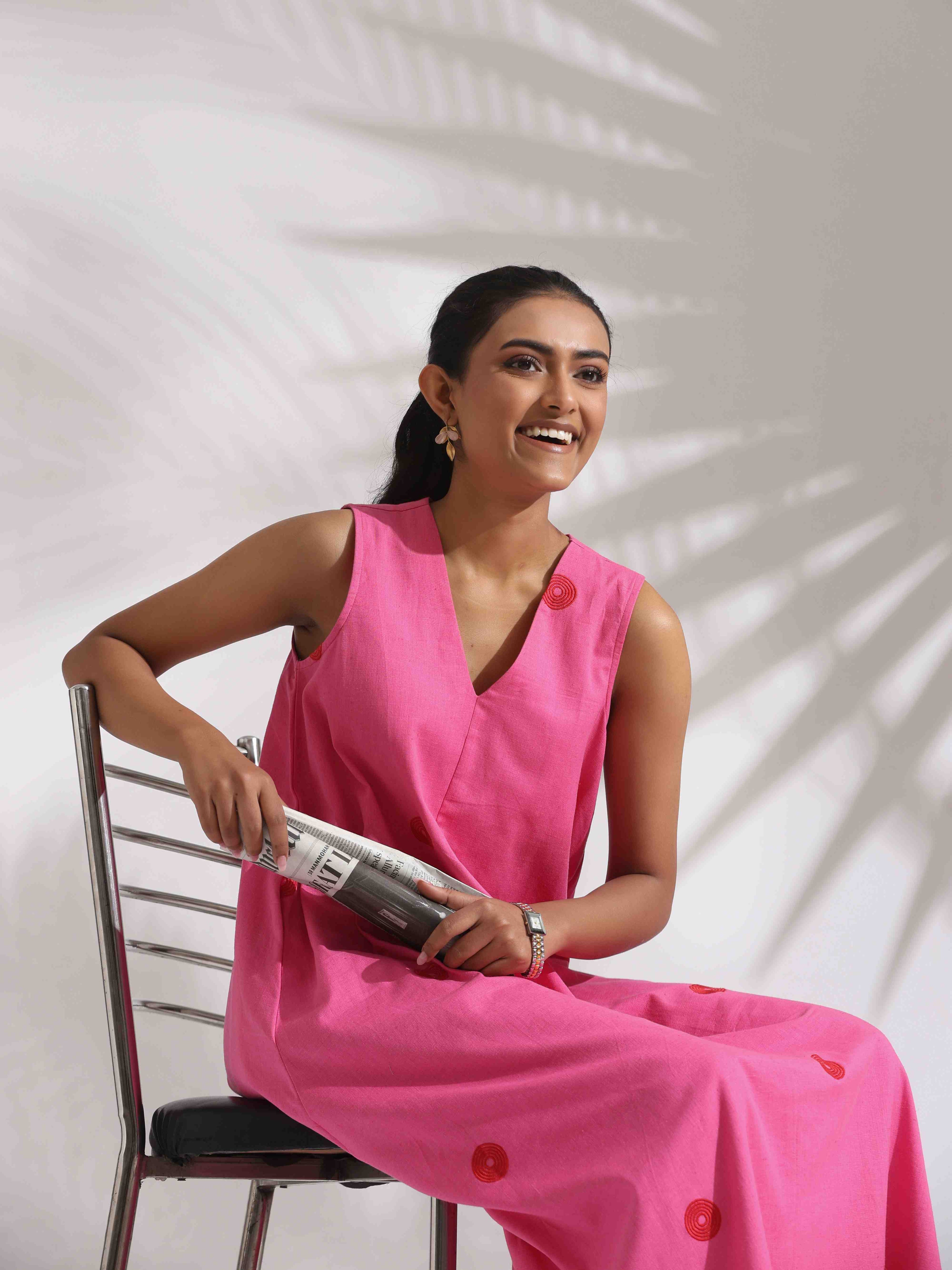 trueBrowns Pink Cotton Embroidered Flared Dress - Distacart