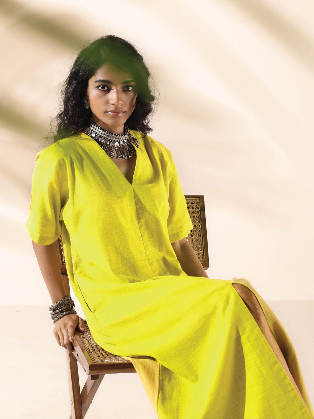 trueBrowns Lime Cotton Front Slit Dress - Distacart