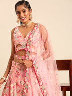 House of Panchhi Pink Organza Sequins And Zarkan Embroidery Lehenga Choli & Dupatta