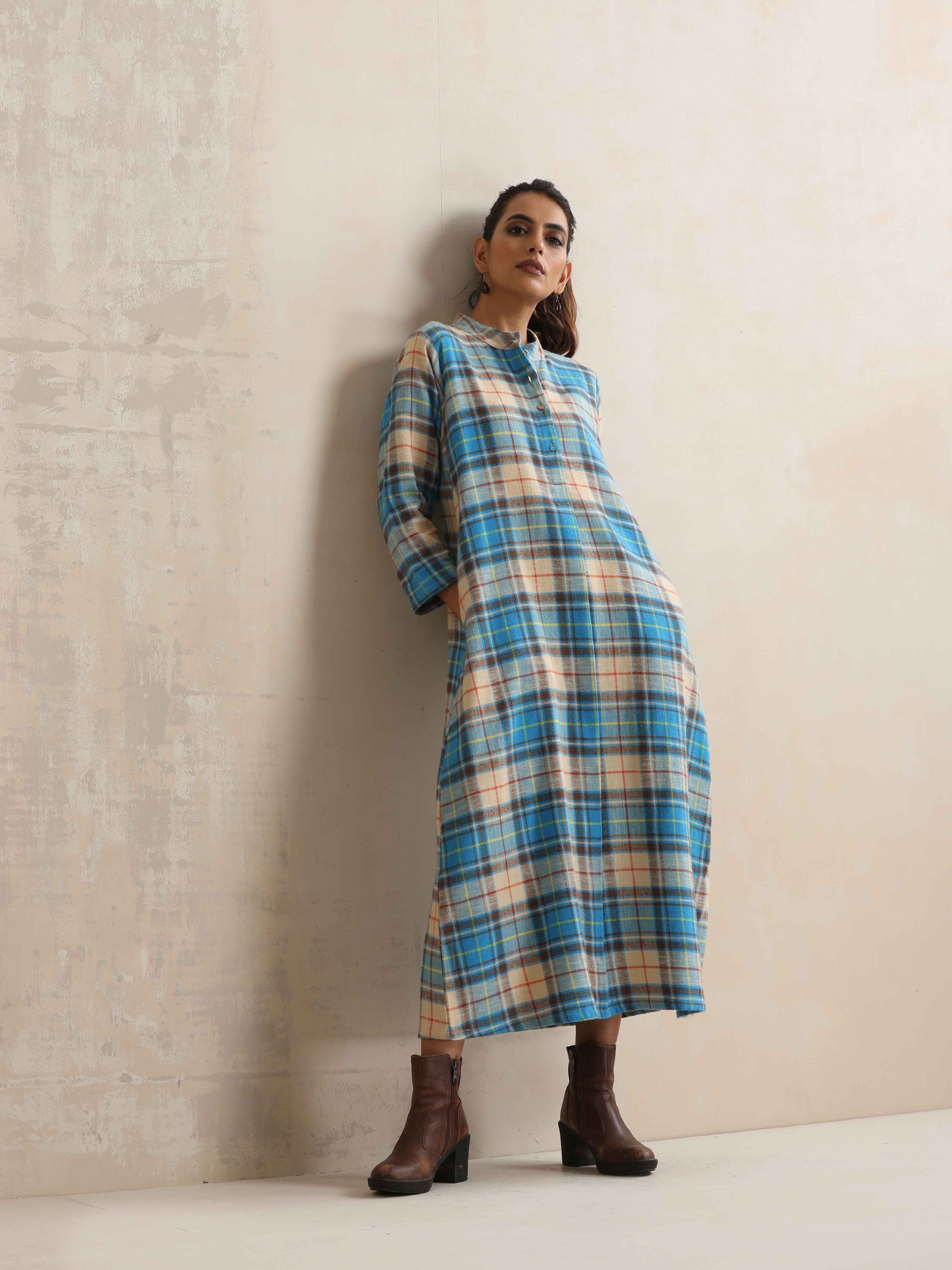 trueBrowns Beige Check Flared Winter Dress - Distacart