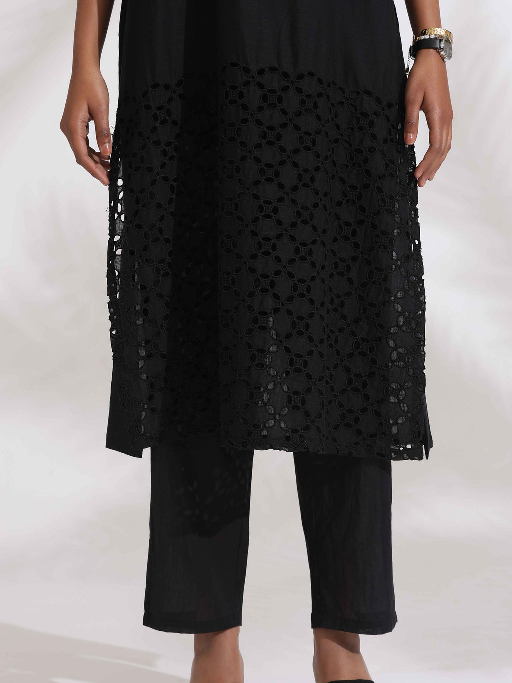 trueBrowns Black Cotton Schiffli Kurta Set - Distacart