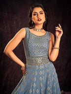 Myra Blue Real Georgette Designer Gown Style Suit - Distacart