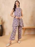 InWeave Purple White Moroccan Print Round Neck Kurta Set