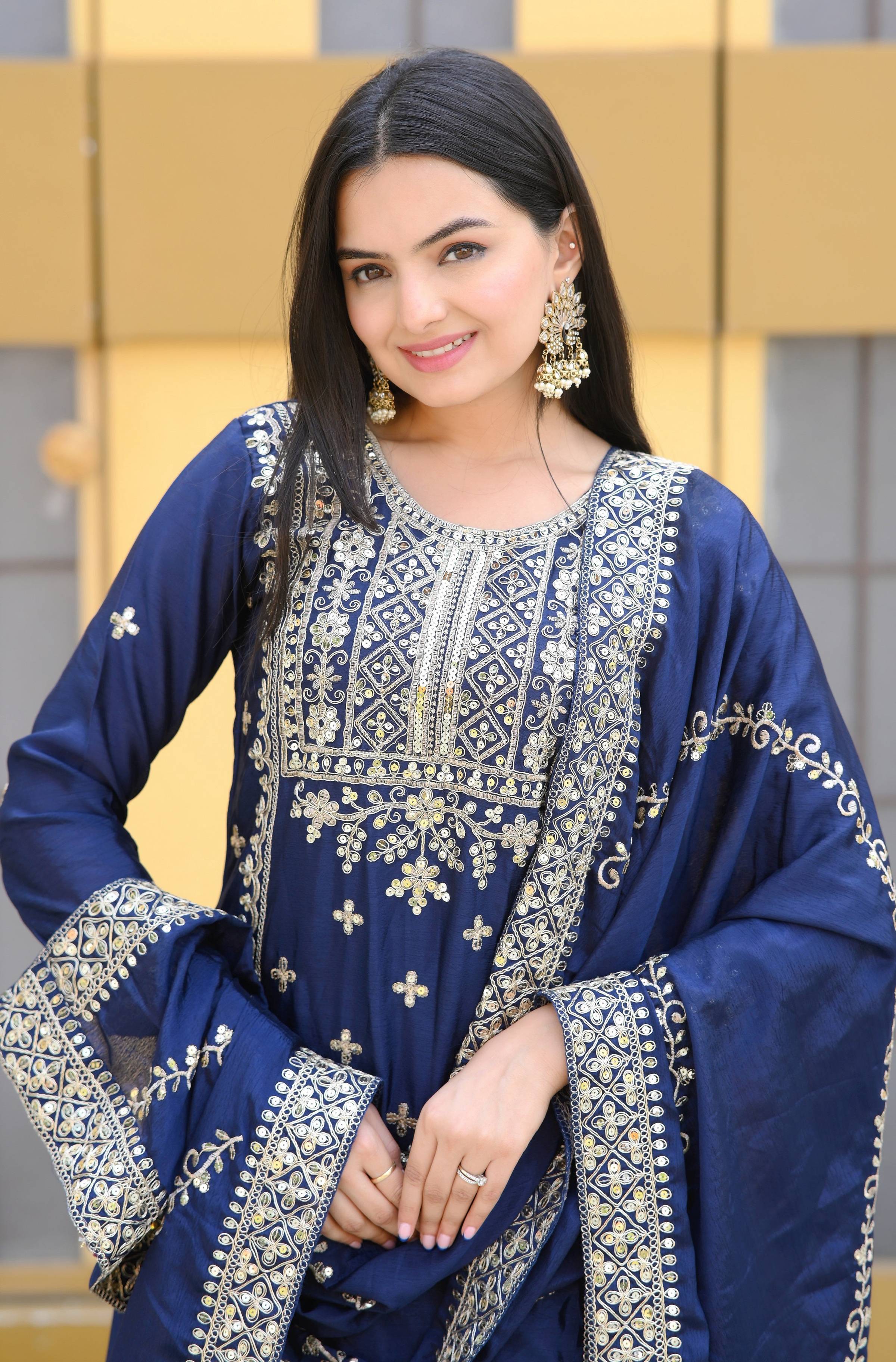 Teeya Creation Blue Color Chinon Silk Heavy Embroidery Work Fully Stitched Salwar Suit