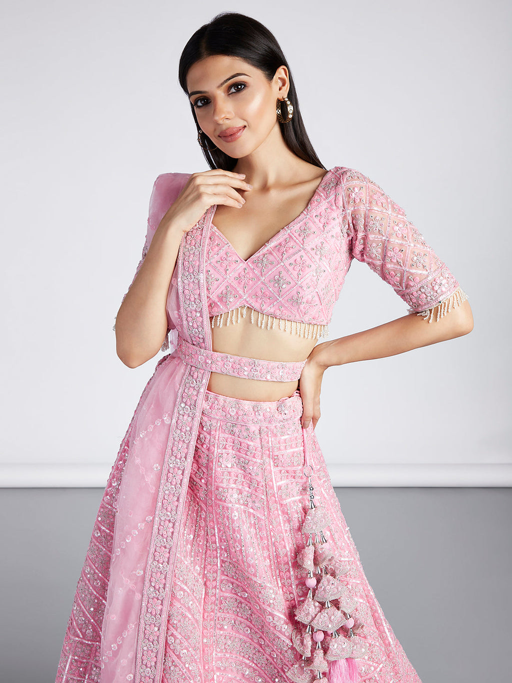 House of Panchhi Pink Net Sequins, Zarkan And Thread Embroidery Lehenga Choli & Dupatta