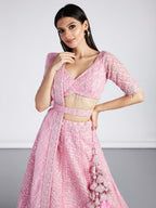 House of Panchhi Pink Net Sequins, Zarkan And Thread Embroidery Lehenga Choli & Dupatta