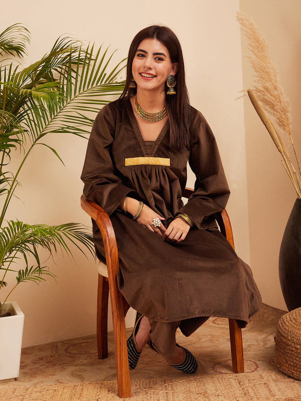 InWeave Women's Brown V Neck Asymmetrical Pleated Velvet Kurta Set