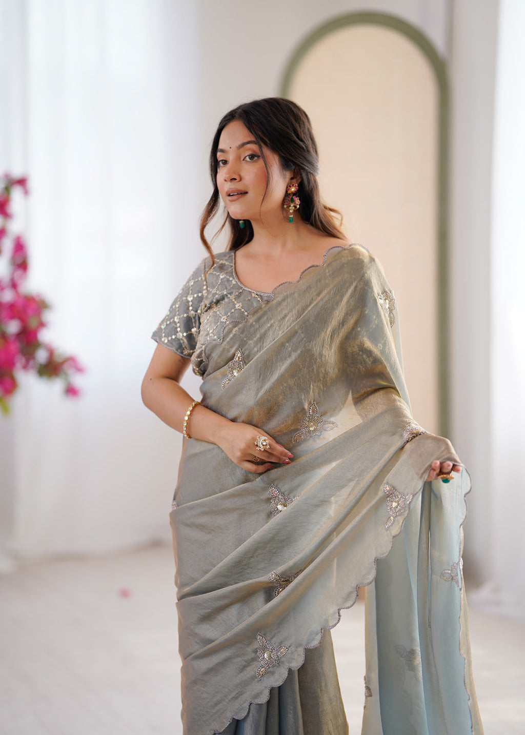 Evanik Designer Heavy Fendy Satin With Beads Embroidered Work Saree With Unstitched Blouse - Distacart